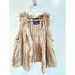 525 America Tan Cream Faux Fur Open Front Vest Size L Festival Bohemian Cozy